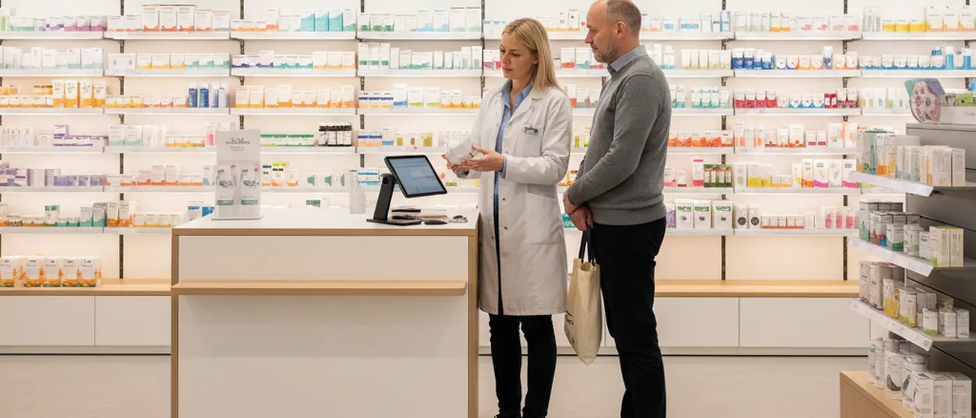 Farmaseutti neuvoo asiakasta apteekissa skandinaavisessa ympäristössä, lääkkeitä ja terveystuotteita hyllyllä taustalla