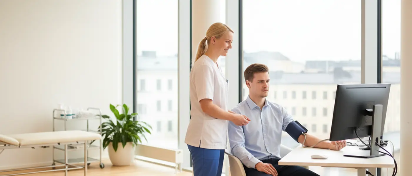 Työterveyshoitaja mittaa nuoren ammattilaisen verenpainetta modernissa toimistoklinikassa Helsingissä