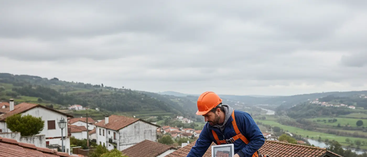 Técnico português de obras a inspecionar telhas danificadas pela chuva numa habitação residencial
