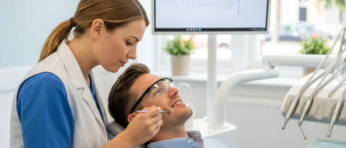 Dentist performing a check-up in a modern UK dental practice with clinical equipment
