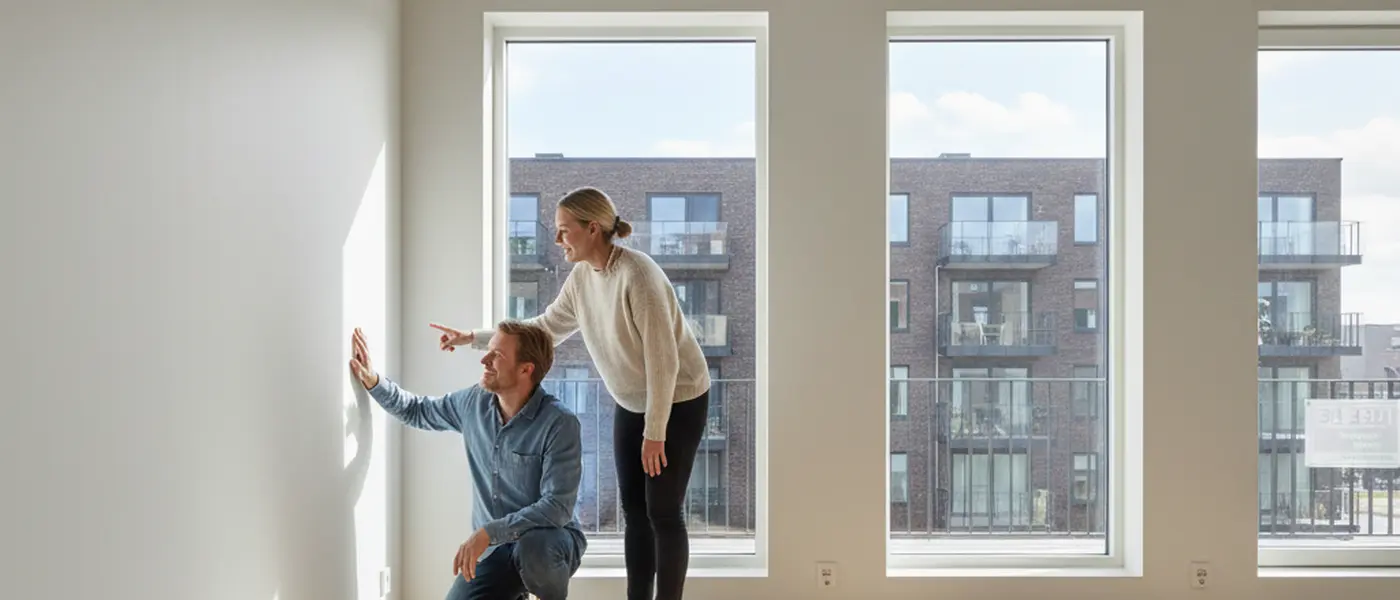 Par besøger en tom lejlighed til leje i en moderne dansk bygning under en fremvisning