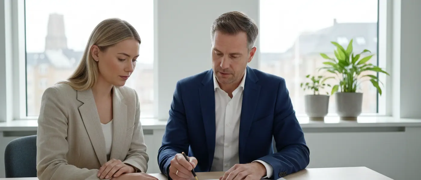 Dansk ejendomsmægler viser lejekontrakt til ung professionel på et skandinavisk kontor