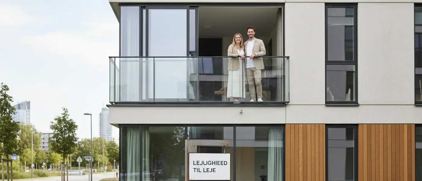 Ung dansk kvinde søger lejlighed til leje på bærbar computer i lys skandinavisk stue med udsigt over Københavns tage