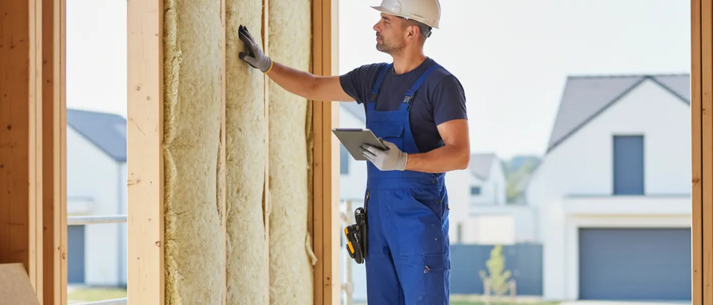 Artisan certifié inspectant l'isolation murale sur un chantier de rénovation dans une maison française