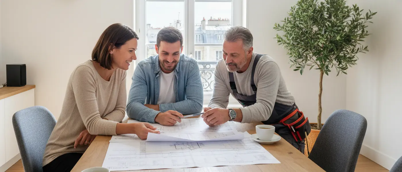 Couple français examinant un devis de rénovation avec un artisan autour d'une table