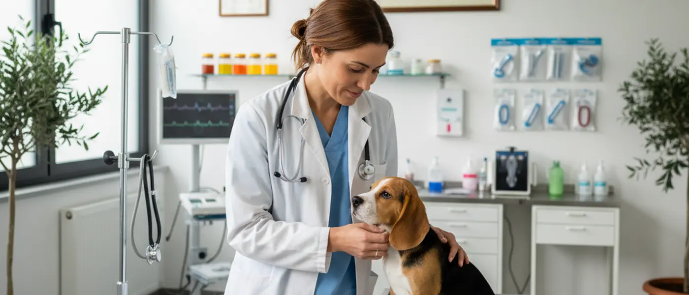 Veterinario che esamina un beagle su un lettino in una clinica veterinaria italiana