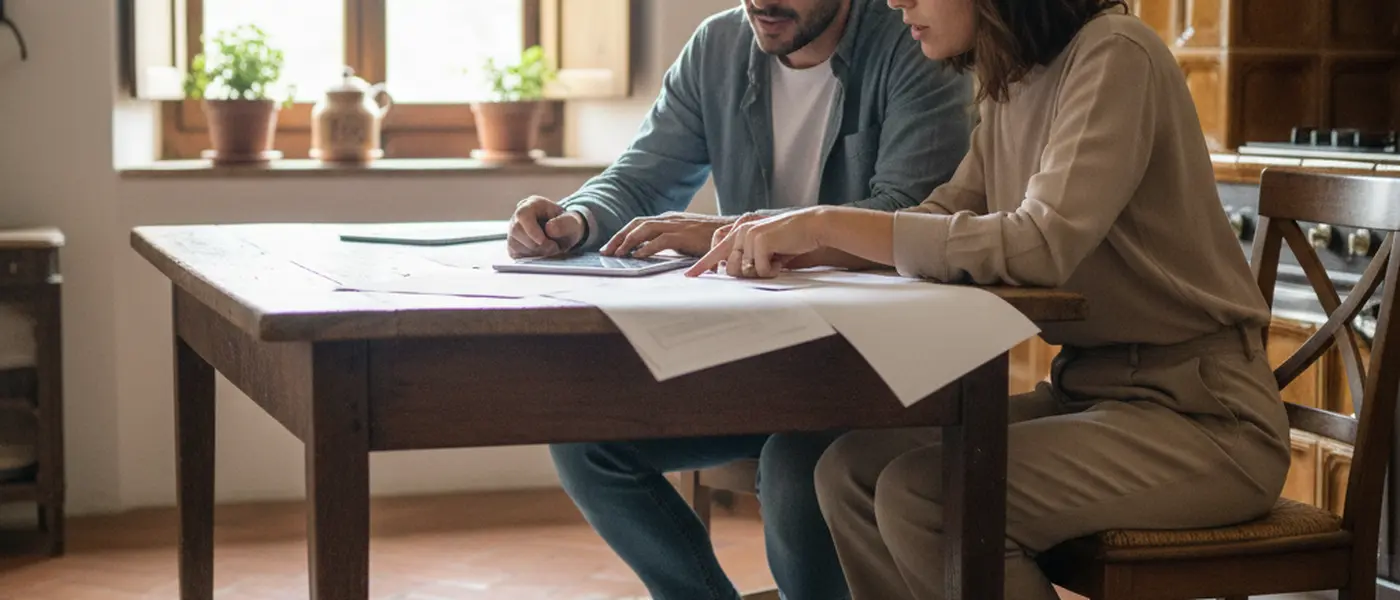 Coppia italiana che confronta documenti assicurativi al tavolo della cucina con il loro border collie accanto