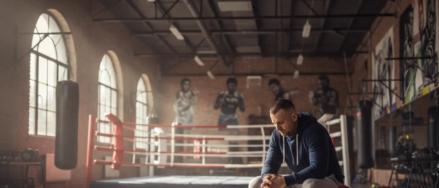 Male athlete sitting alone in a boxing gym reflecting, boxing gloves beside him, moody lighting