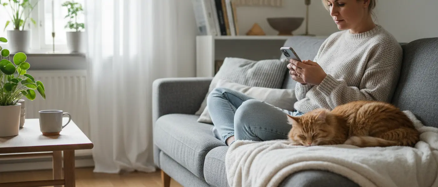 Djurägare som använder Agrias app på sin smartphone i ett hemtrevligt vardagsrum med en sovande katt i soffan