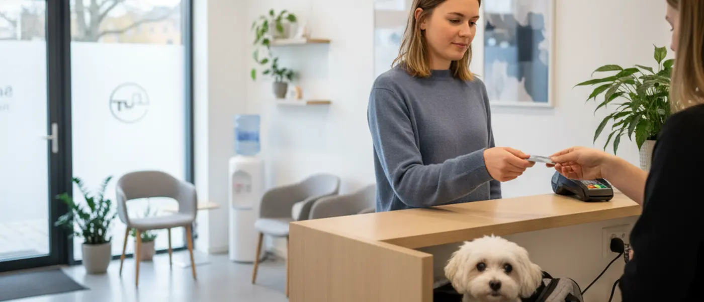 Kvinna vid veterinärklinikens reception som lämnar över ett betalningskort medan en liten hund sitter i en bärväska