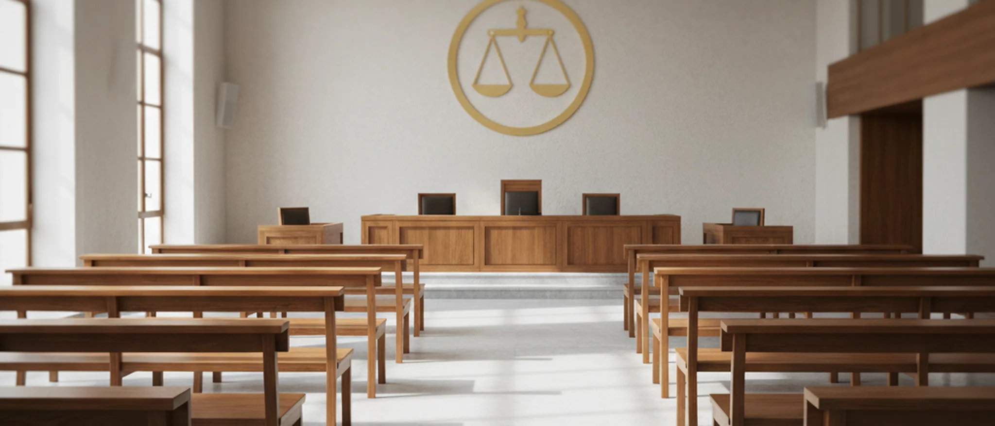 Interior de um tribunal criminal português com bancos de madeira e o emblema da justiça