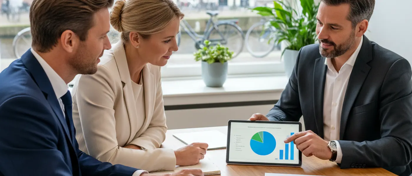 Nederlands echtpaar bespreekt beleggingsopties met een financieel adviseur in een modern kantoor