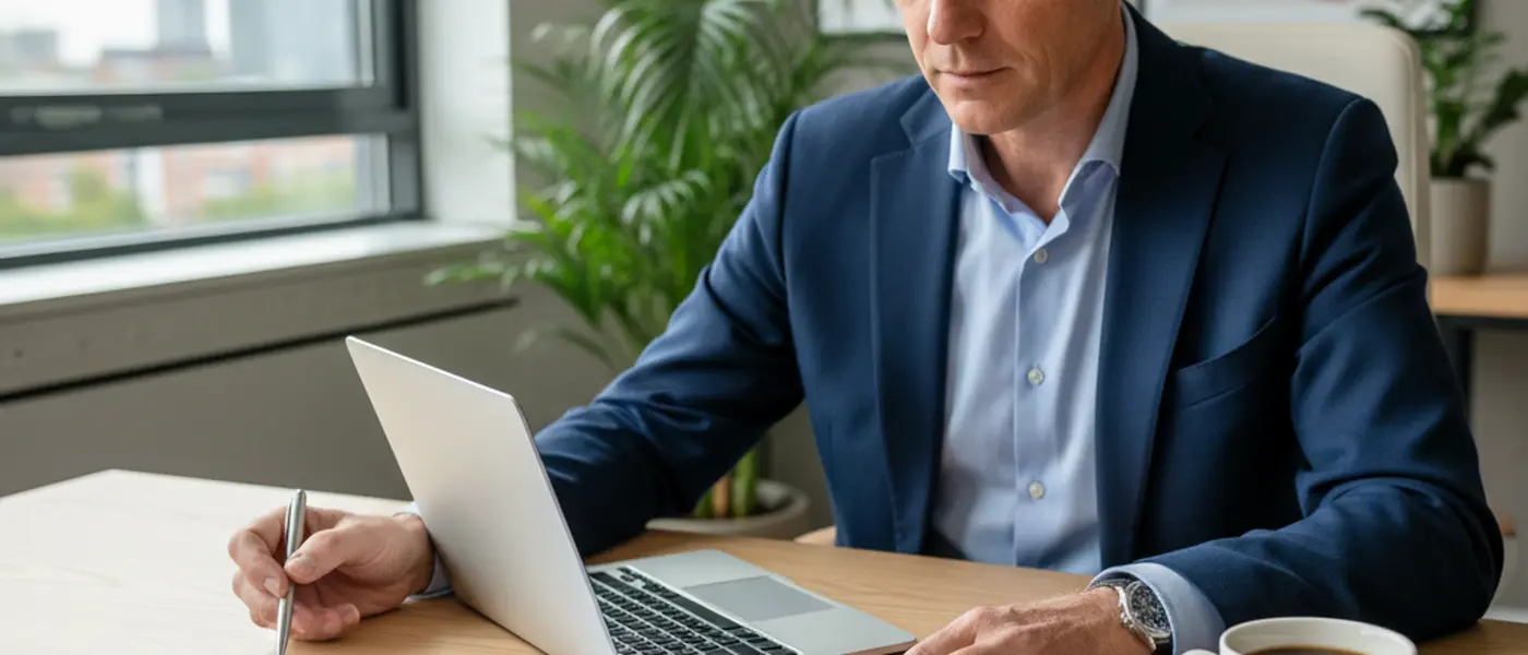 Persoon vergelijkt financiële overzichten en beleggingsrapporten naast elkaar op een houten bureau