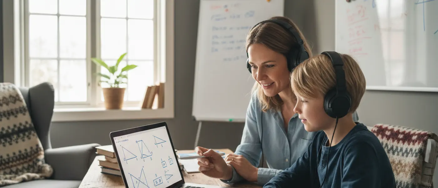 Elev og mattelærer jobber sammen med lekser ved et skrivebord i et lyst skandinavisk rom