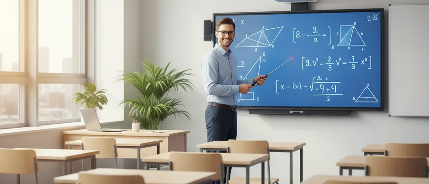 Norsk ungdom studerer matematikk med privatlærer ved et skrivebord i et lyst skandinavisk rom