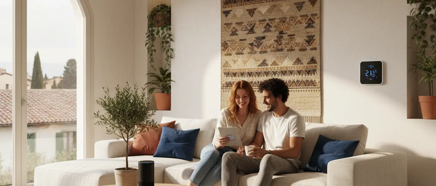 Salotto moderno con dispositivi smart home: speaker intelligente, luci connesse e termostato digitale