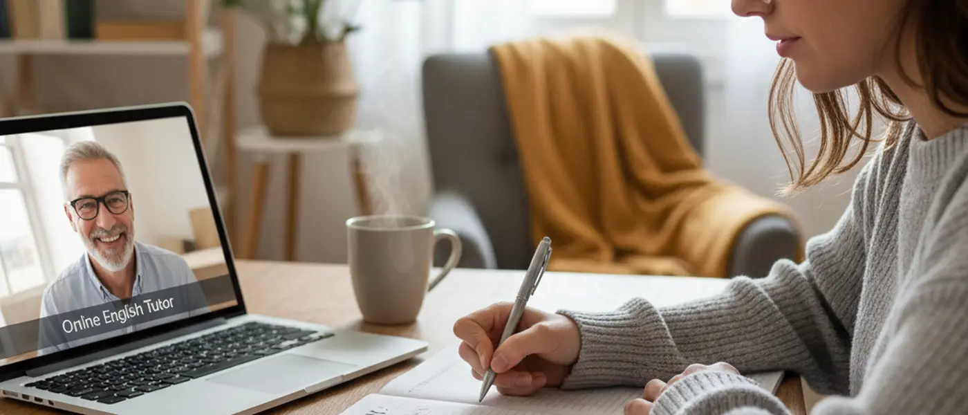 Élève français notant du vocabulaire anglais dans un cahier avec un cours en visioconférence sur son ordinateur portable