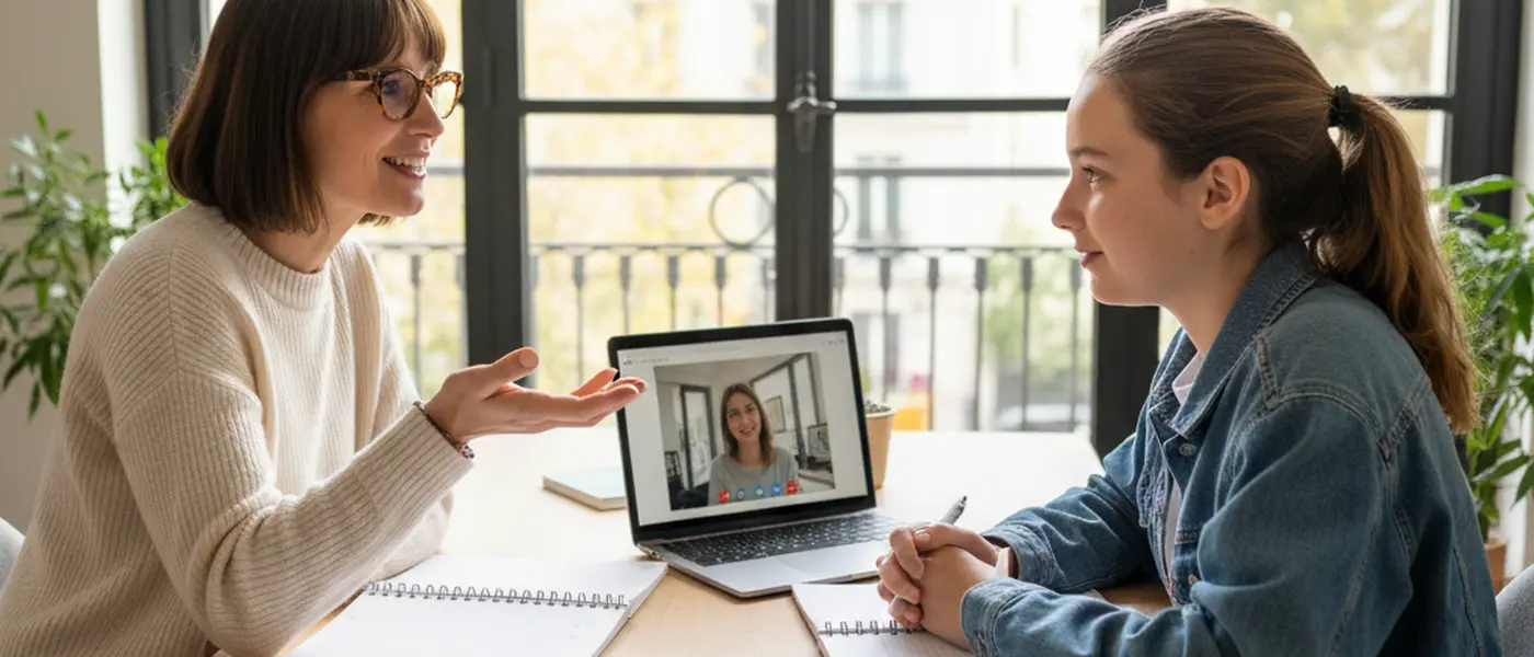 Professeure d'anglais enseignant à un adolescent dans un appartement parisien moderne avec des manuels et un ordinateur portable