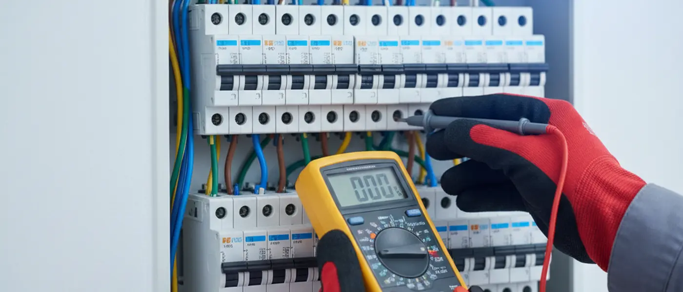 Nærbillede af en professionel multimeter der tester en sikring i en dansk boligs eltavle