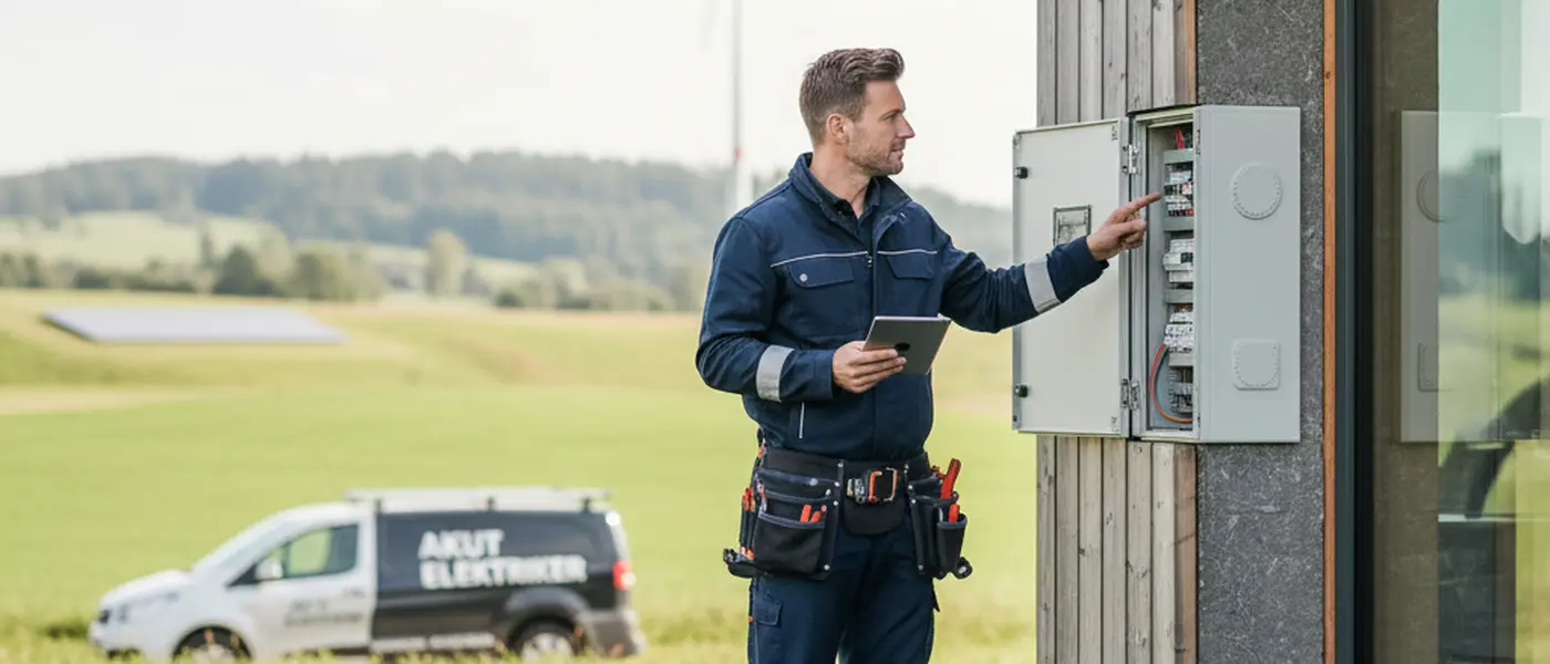 Dansk elektriker i blåt arbejdstøj inspicerer eltavle med lommelygte i en moderne skandinavisk lejlighed
