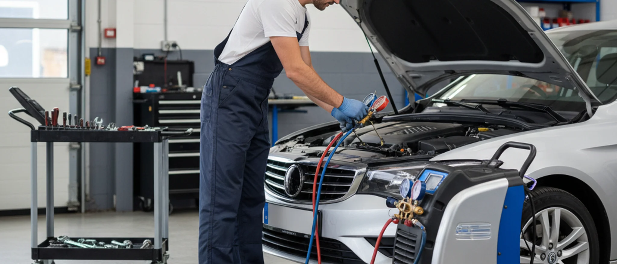 Mechanic performing a car air conditioning regas under a vehicle bonnet in a British garage workshop