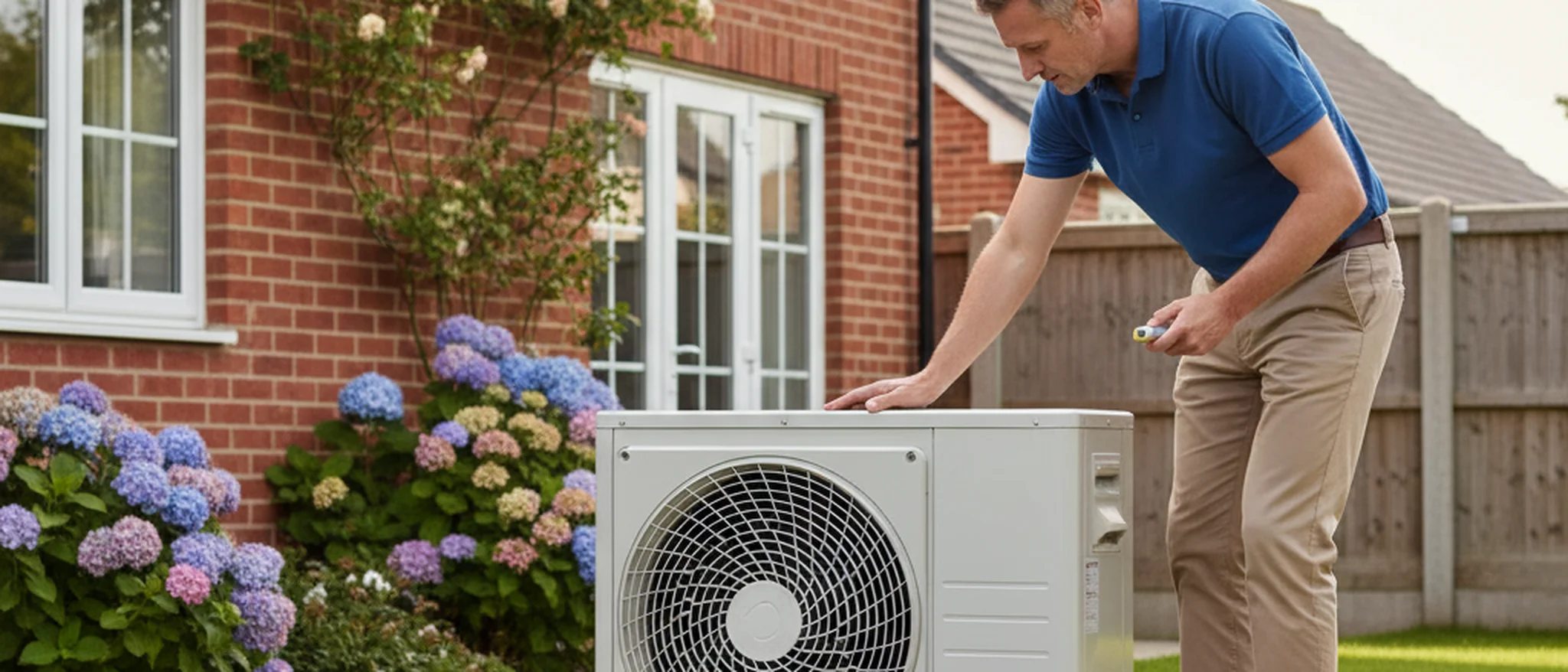 Homeowner inspecting an outdoor AC compressor unit in a British back garden with a brick house