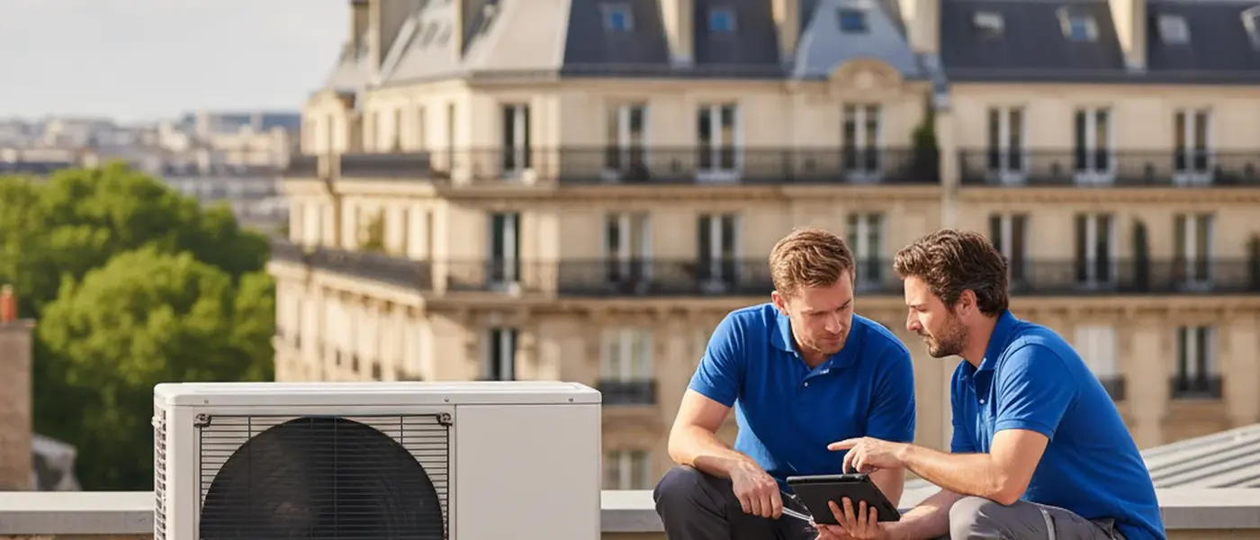 HVAC engineer inspecting a wall-mounted split air conditioning unit in a modern UK living room