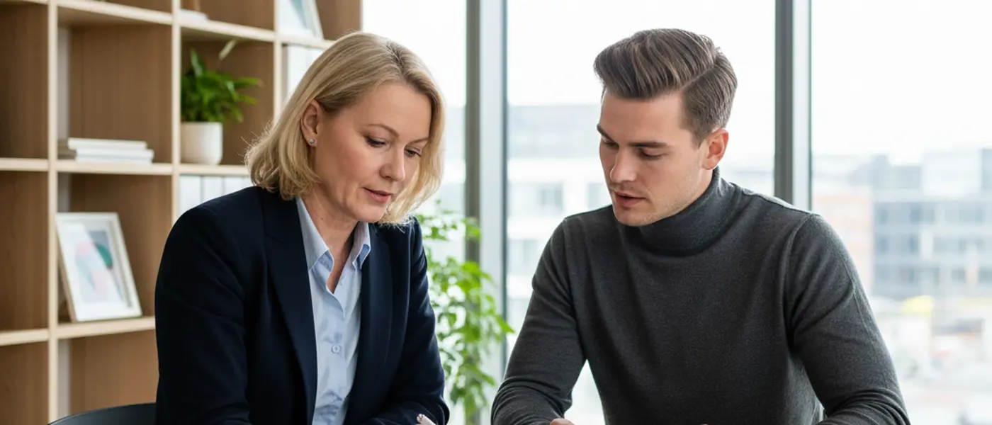 Redovisningskonsult diskuterar ekonomiska rapporter med en klient i ett ljust svenskt kontor