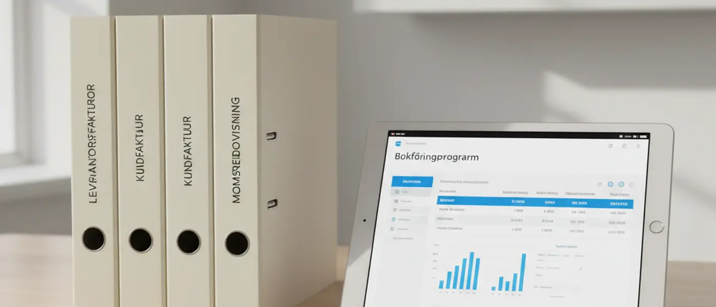 Organiserat bokföringsmaterial på ett svenskt skrivbord med surfplatta, mappar och kvitton