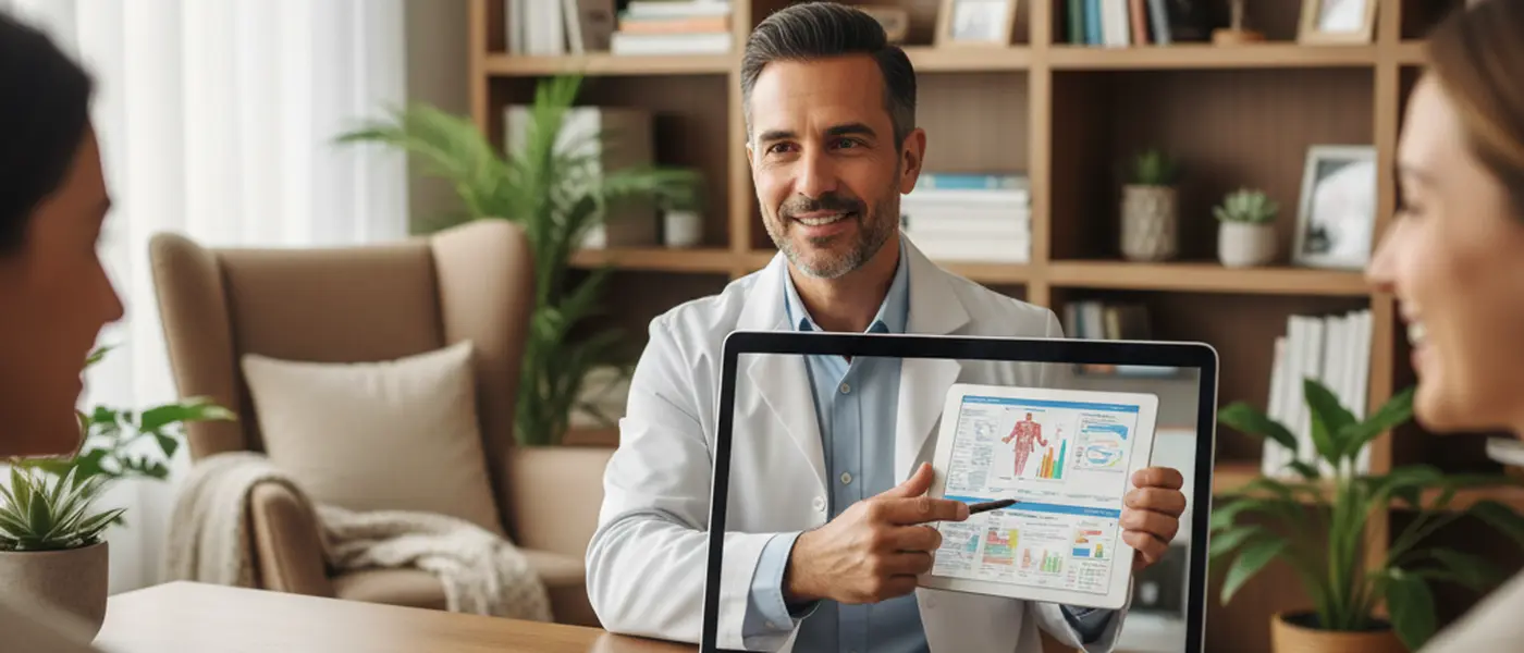 Médico português explicando um relatório médico durante uma teleconsulta num ecrã de computador portátil