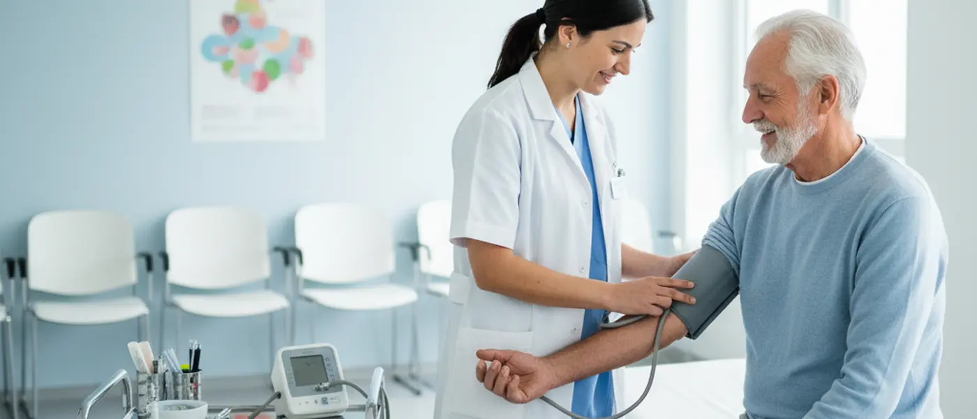 Enfermeira num centro de saúde português medindo a tensão arterial de um homem idoso