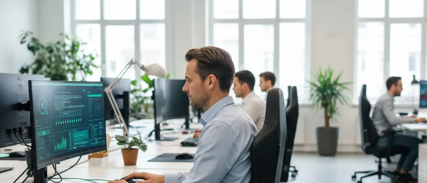 IT-Fachmann überprüft Cybersicherheits-Dashboard vor der Gamescom 2026 in Köln