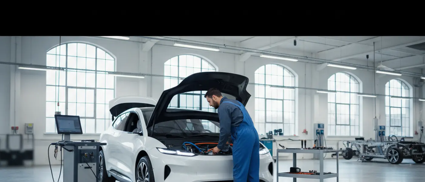 Kfz-Mechaniker inspiziert Motorraum eines Elektroautos in einer modernen Werkstatt