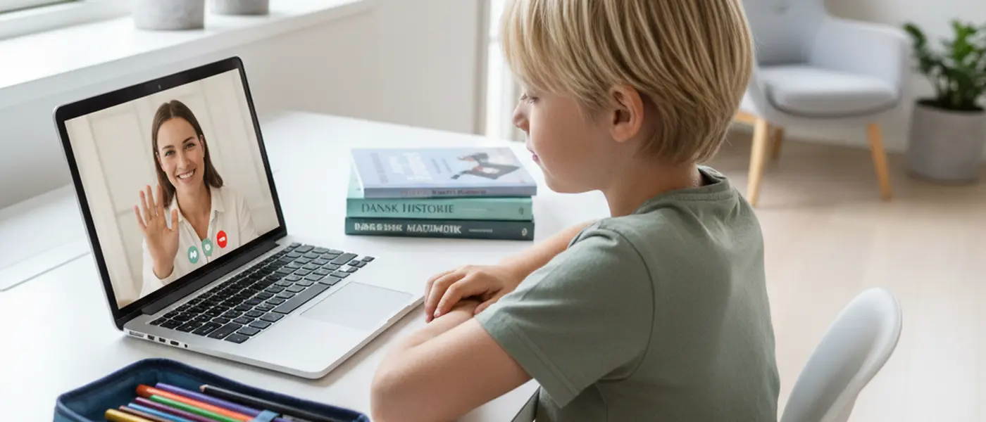 Dansk teenager og tutor gennemgår matematikbog ved et skrivebord i et hyggeligt skandinavisk hjem