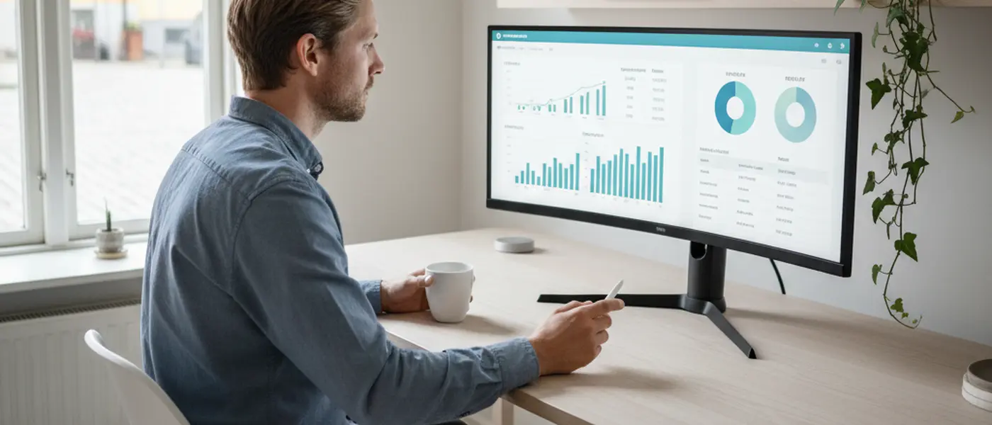 Företagare granskar molnbaserad bokföring på en skärm i ett modernt svenskt kontor