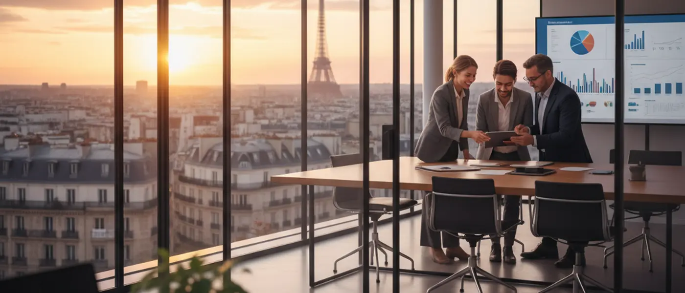 Svensk redovisningskonsult rådgör med företagare vid ett skrivbord i ett ljust skandinaviskt kontor