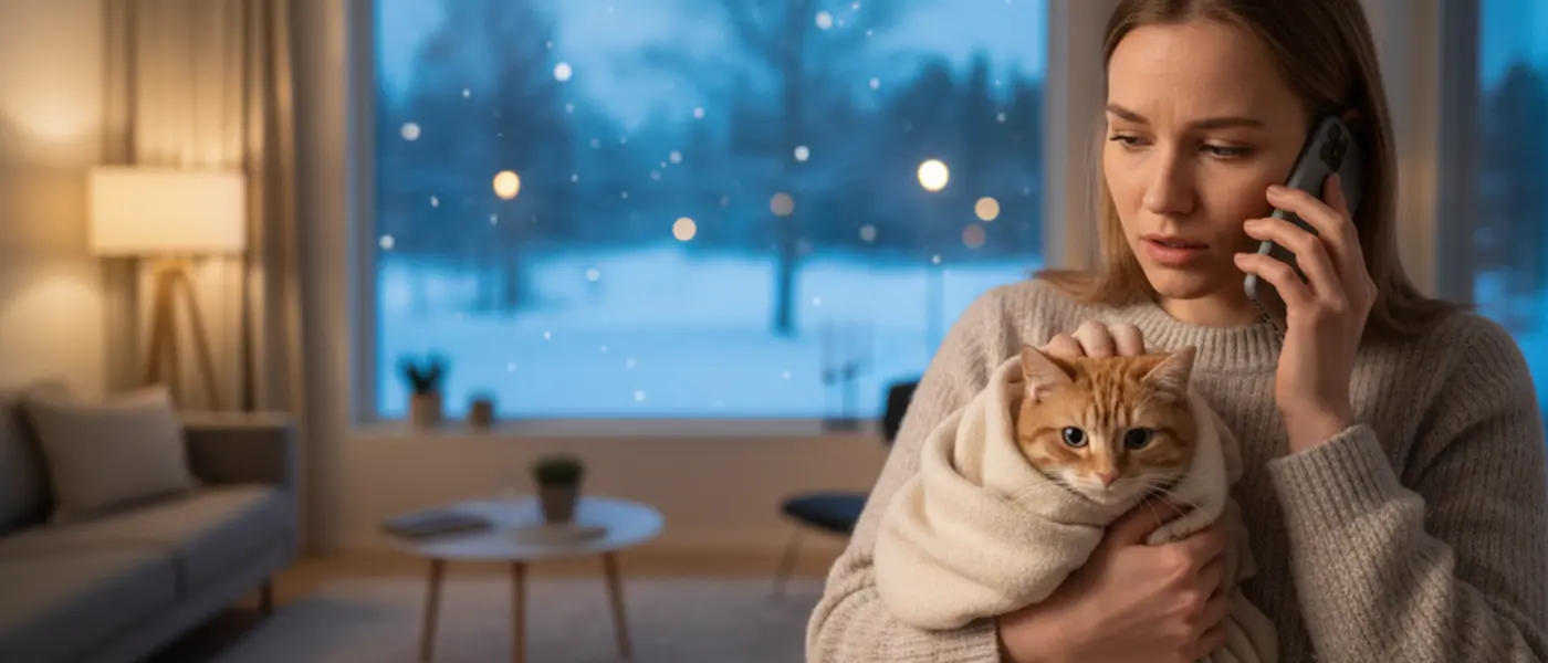 Lemmikin omistaja soittaa hätäpuhelua eläinlääkärille pitäen kissaa sylissään talvi-iltana