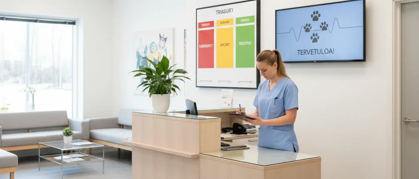 Eläinlääkäripäivystyksen vastaanottotiski, jossa hoitaja tekee triage-arviota modernissa klinikassa