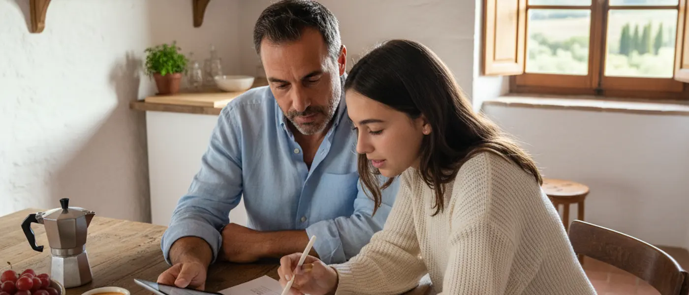 Genitore e ragazzo che confrontano piattaforme di ripetizioni online su un tablet in cucina
