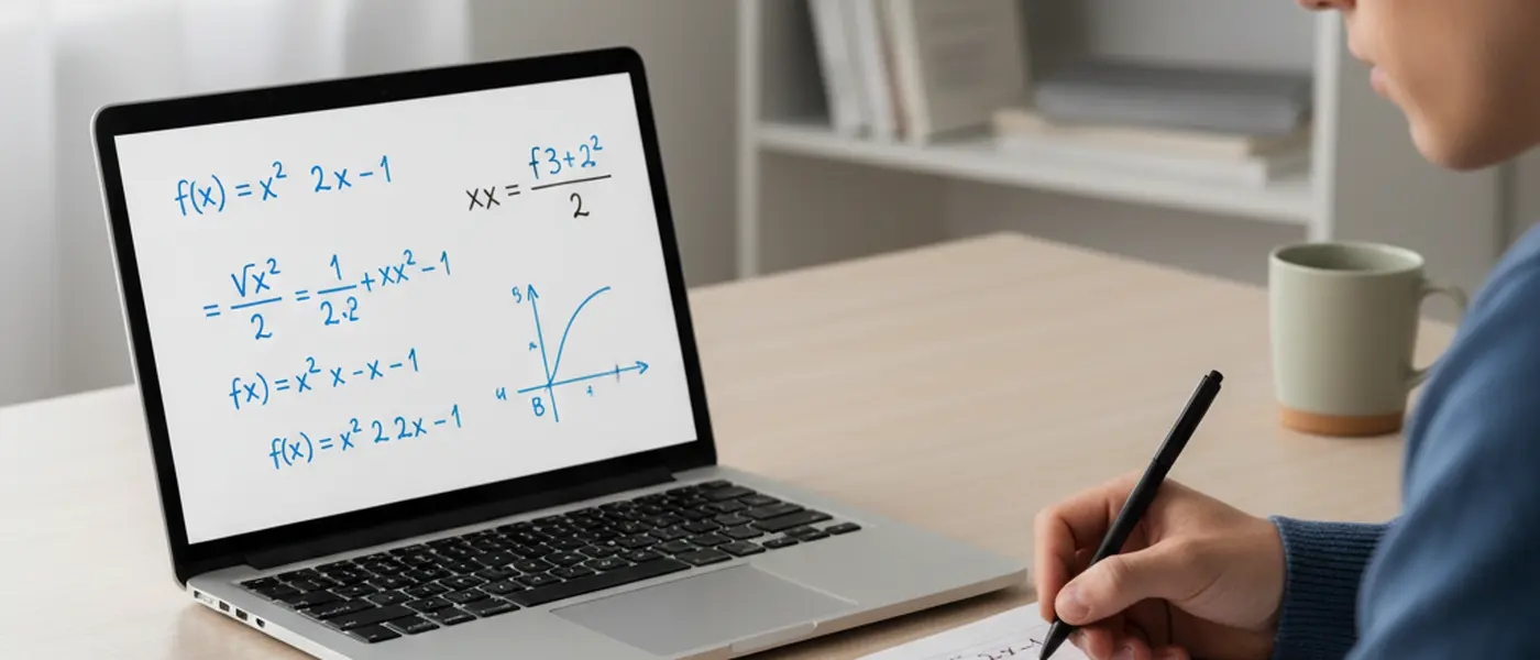 Schermo di un laptop con lavagna virtuale e equazioni durante una lezione online