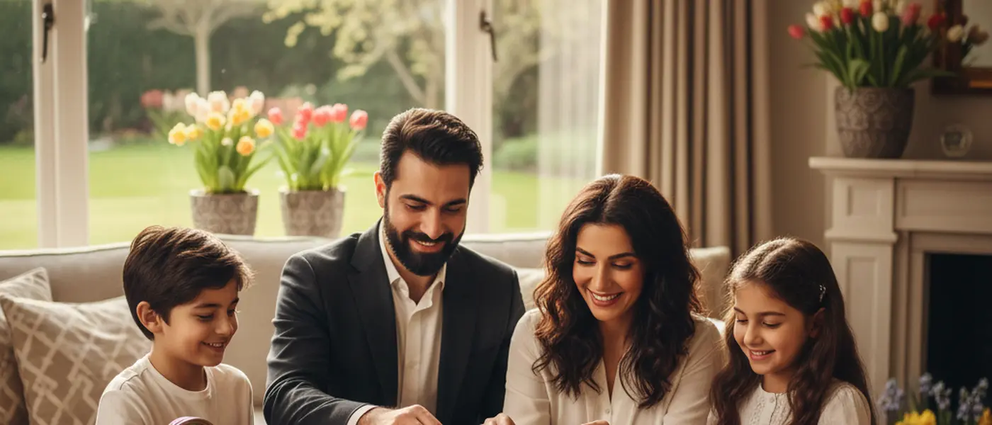 British-Persian family arranging a Haft-Sin Nowruz table with spring herbs, apples, candles and coins in a warm home setting