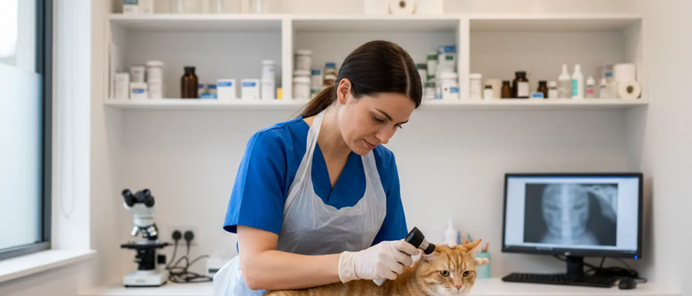 Veterinarian in blue scrubs examining a tabby cat on an examination table in a UK clinic