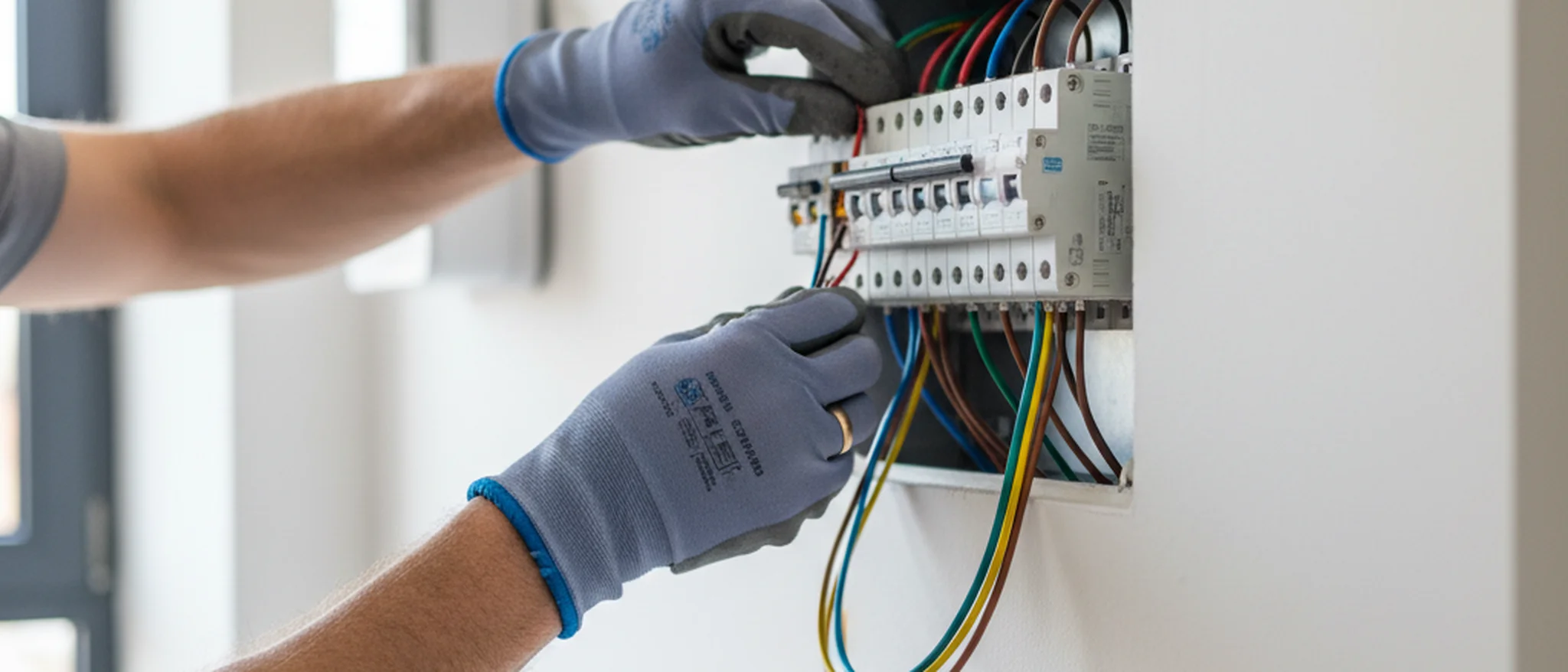 Eletricista a ligar fios num quadro elétrico moderno numa habitação portuguesa