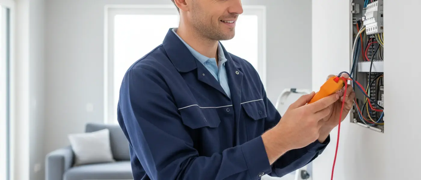 Eletricista português a inspecionar um quadro elétrico residencial moderno num apartamento em Lisboa