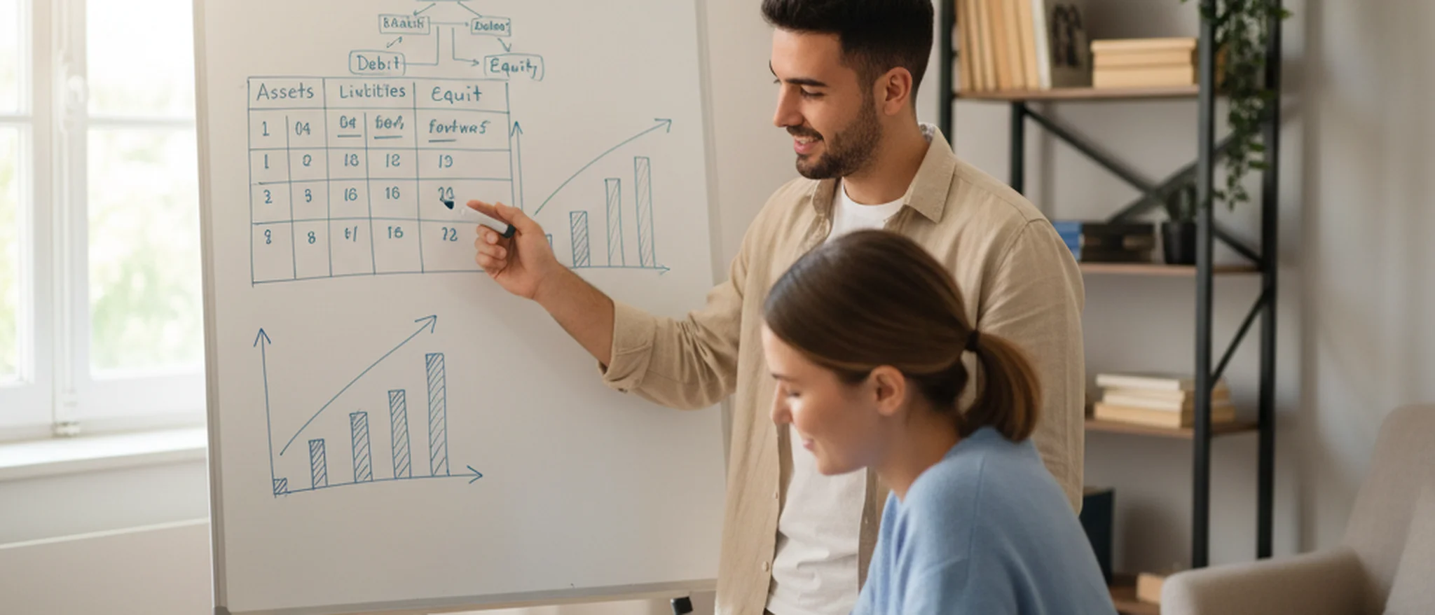 Tutor italiano spiega la partita doppia su una lavagna bianca a uno studente in un ufficio domestico