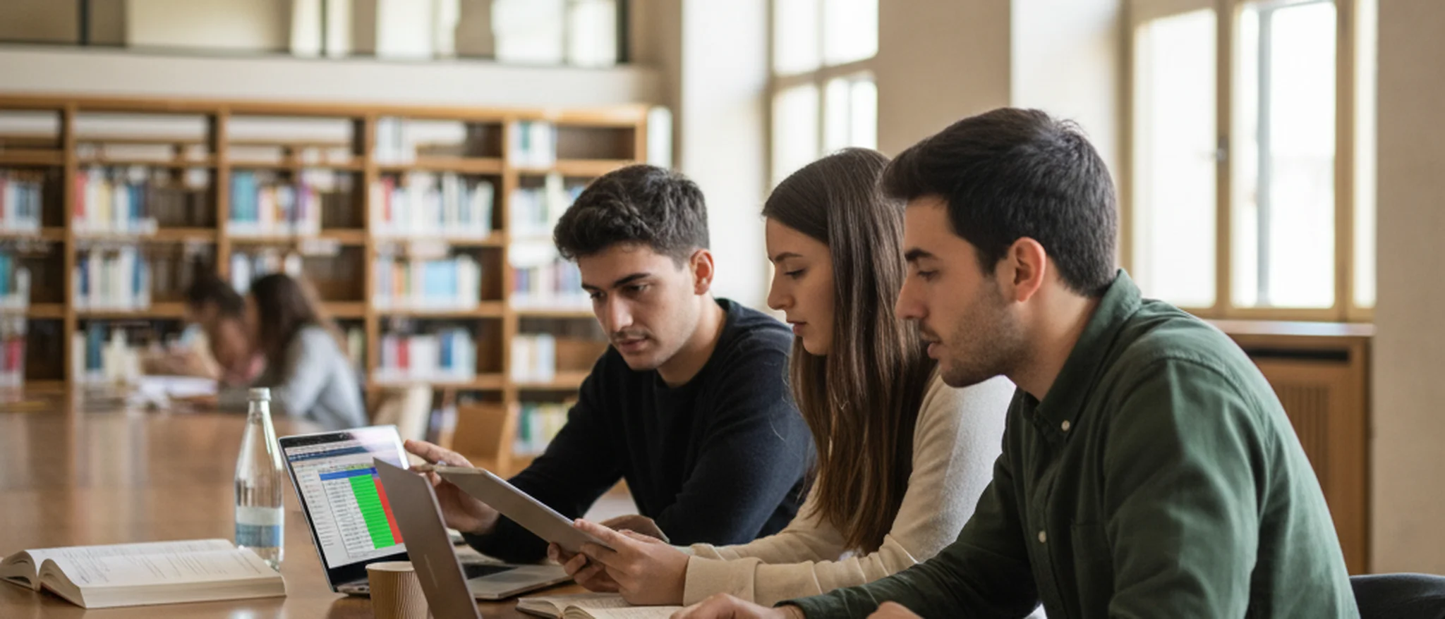 Studenti italiani che lavorano insieme su esercizi di economia aziendale con laptop in una biblioteca universitaria moderna