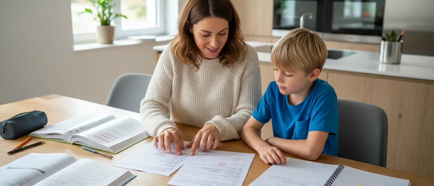Eltern und Kind beim gemeinsamen Durchsehen von Schulunterlagen am Küchentisch in einem deutschen Zuhause