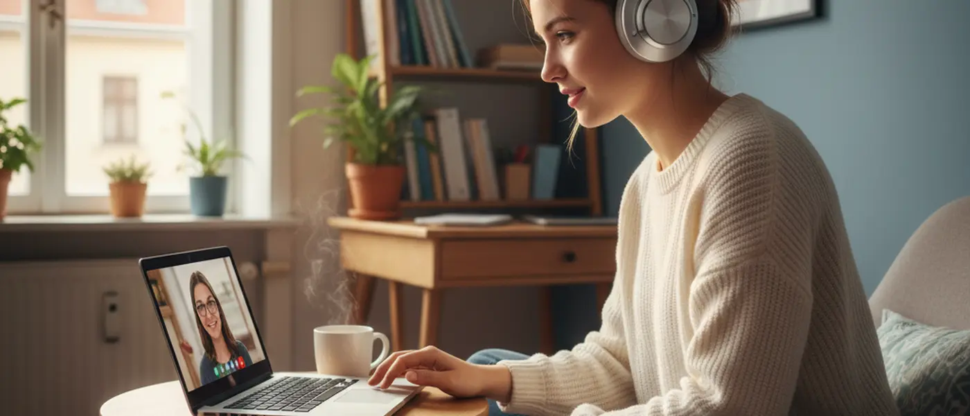 Schüler bei einer Online-Nachhilfestunde am Laptop mit Kopfhörern in einem gemütlichen Arbeitszimmer