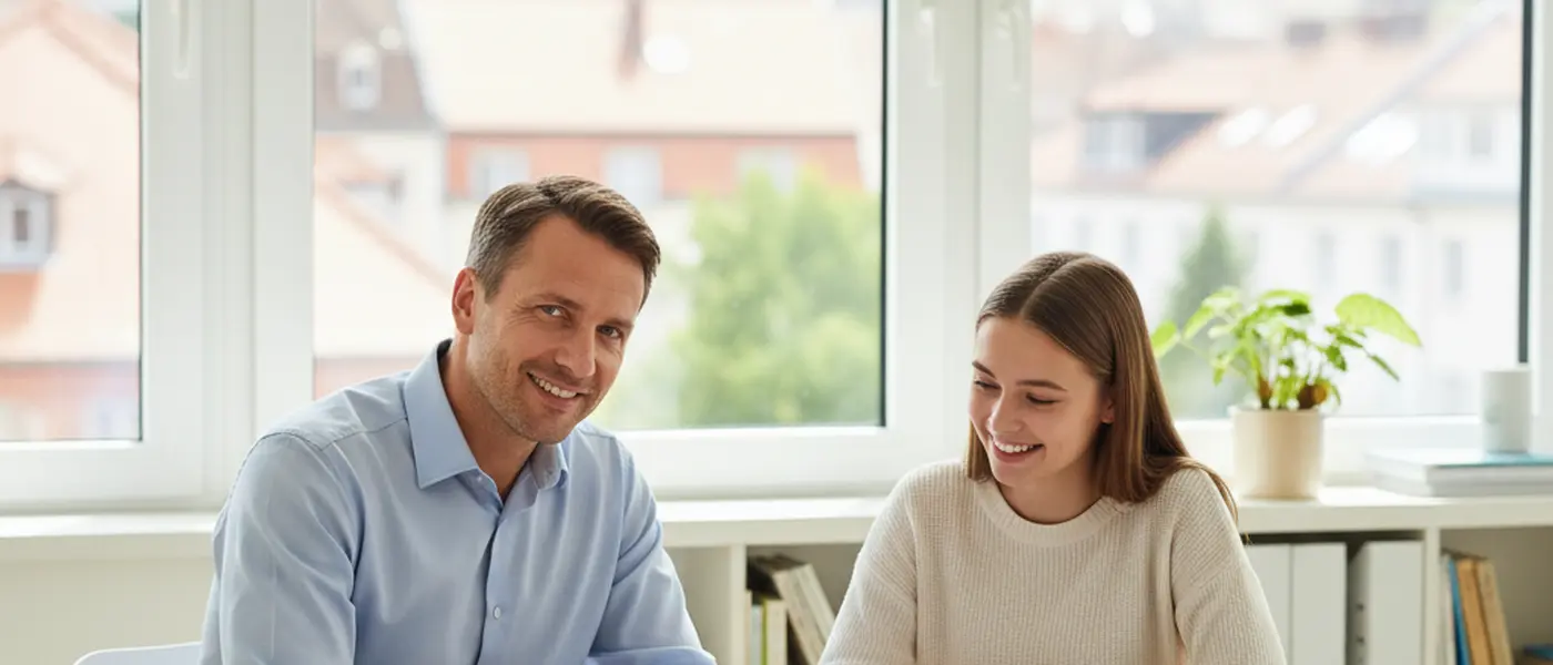 Nachhilfelehrer erklärt einem Schüler Mathematik an einem Whiteboard in einem modernen deutschen Klassenzimmer