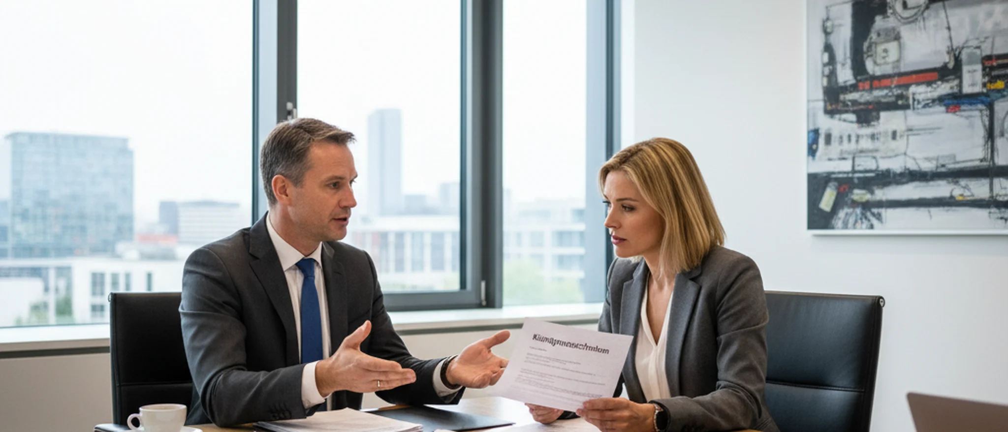 Arbeitsrecht-Anwalt und Mandantin besprechen eine Kündigung am Konferenztisch einer deutschen Kanzlei